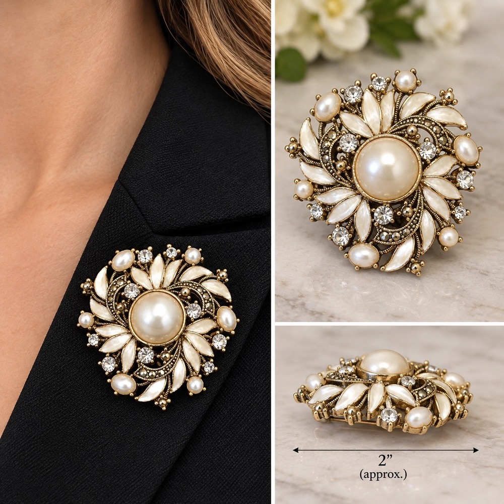 Vintage Monet Faux Pearl Rhinestone Enamel Floral Statement Brooch Pin 2"